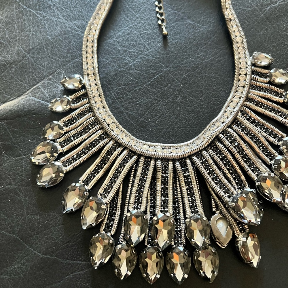 Silver Statement Necklace with Fringe and Beaded Details